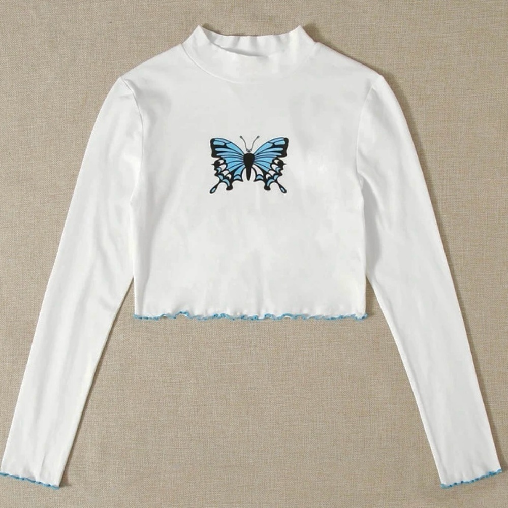 SHEIN Blue Butterfly Print White Mock-Neck Long Sleeve Crop Top